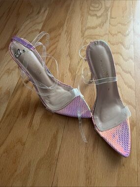 Clear-Strap Iridescent Pink Pointed-Toe Heels